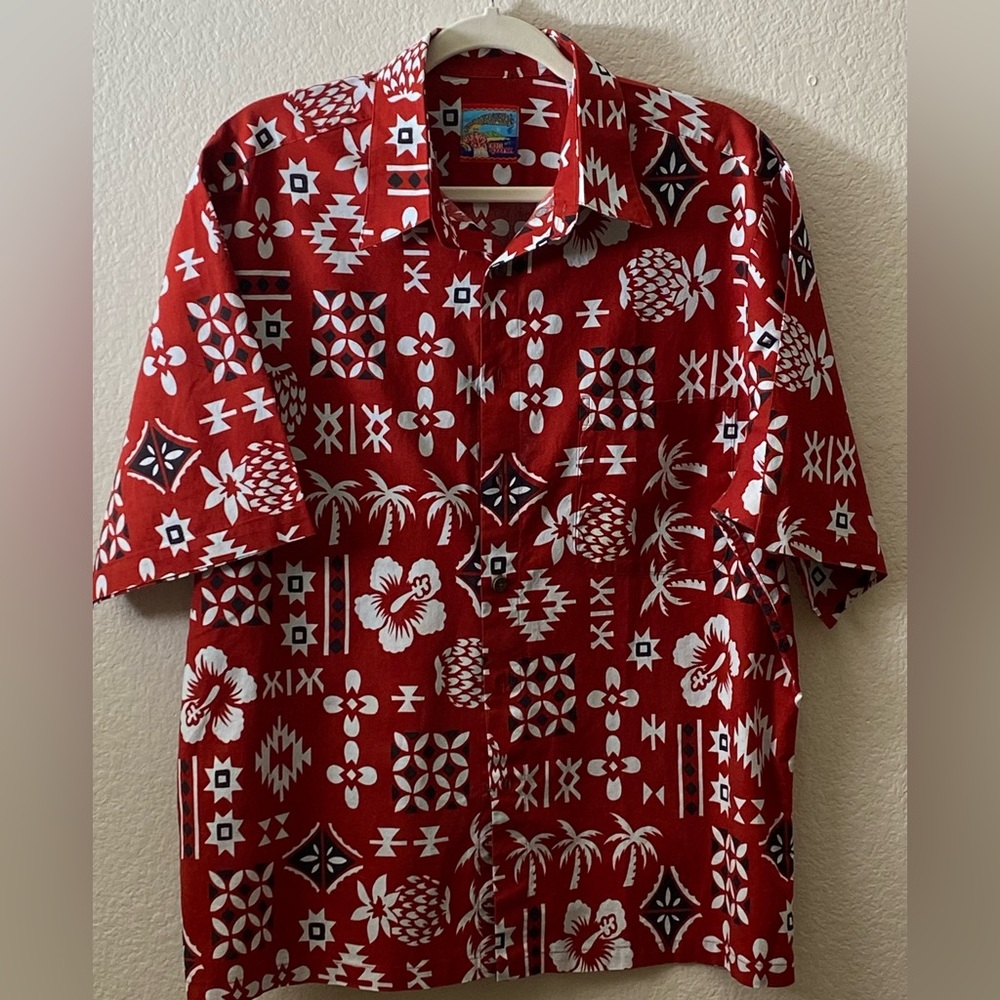 Reyn Spooner Joe Kealuha’s Red Blue Tropical Hawaiin Shirt Made In Hawaii size L